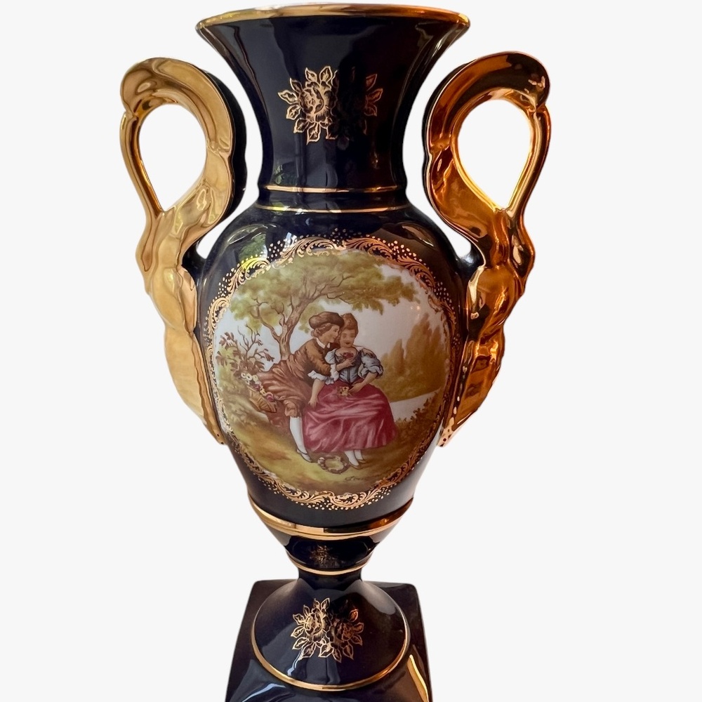 Authentic Vintage Imperia Limoge Vase 22K Gold Porcelaine "The Courting Couple"
